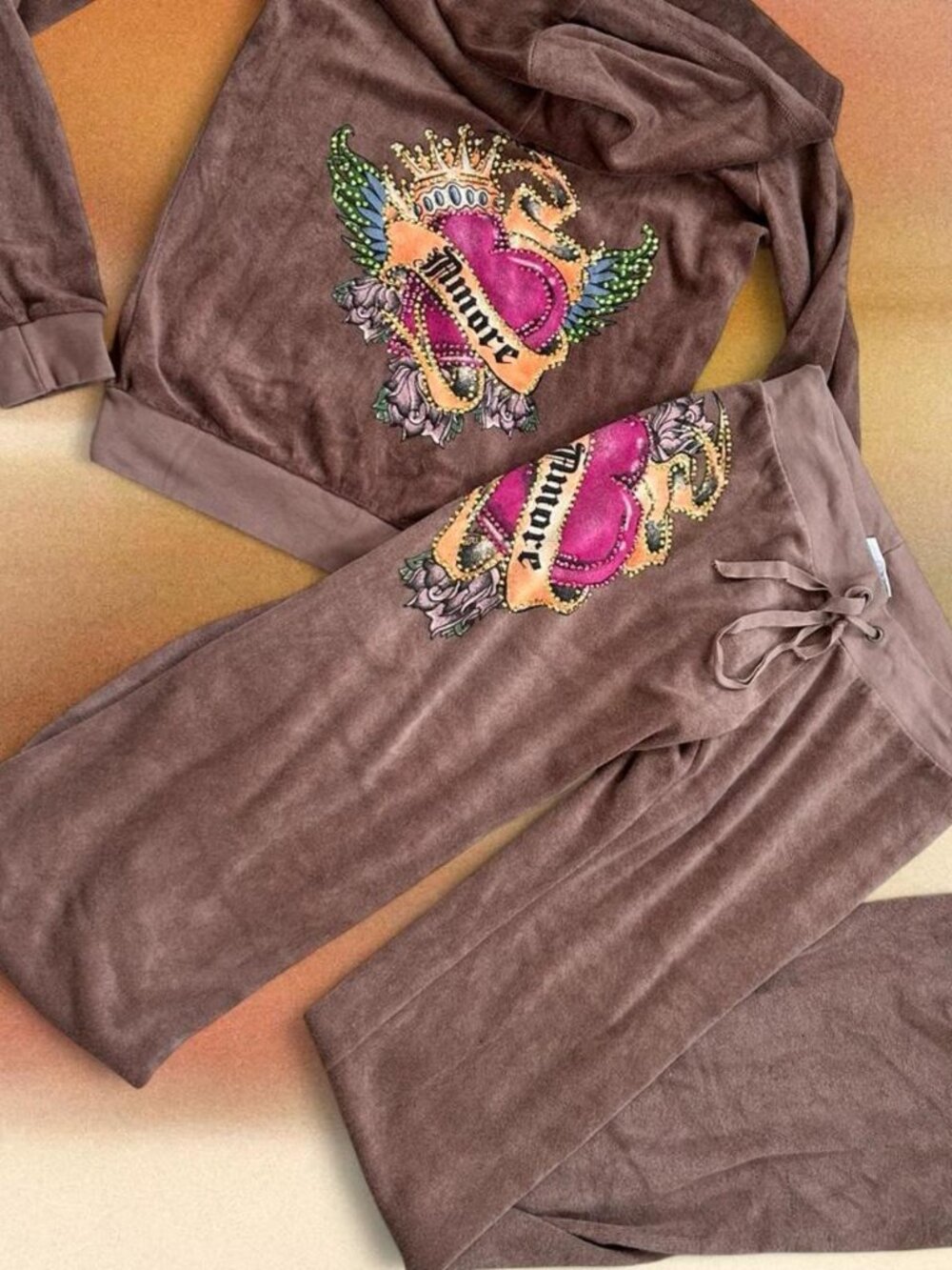 Y2K Bedazzled Velour Tracksuit Set ⭐️ ANKH Royalty Brown Rhinestone Low Rise